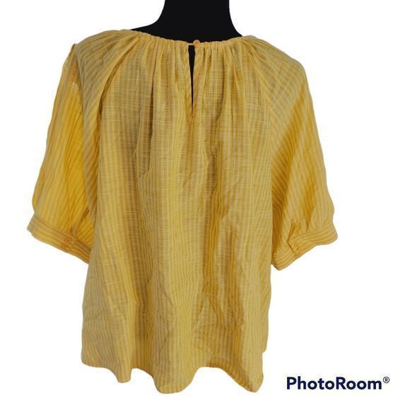 Terra & Sky cotton yellow striped Blouse Ruffles puffed sleeve plus size 1x - Picture 2 of 5